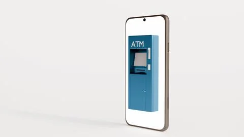An ATM Machine Appearing on a Smartphone Screen, Symbolizing Digital Finance Stock Illustration
