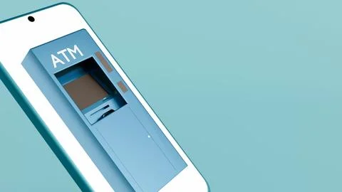 An ATM Machine Appearing on a Smartphone Screen, Symbolizing Digital Finance Stock Illustration