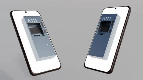 An ATM Machine Appearing on a Smartphone Screen, Symbolizing Digital Finance Stock Illustration