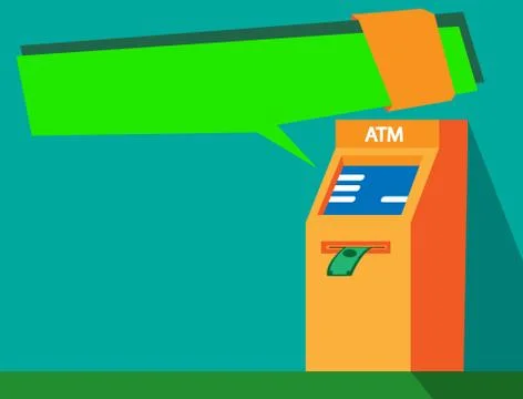 ATM machine with bubble on green background in trendy flat style. Stock Illustration