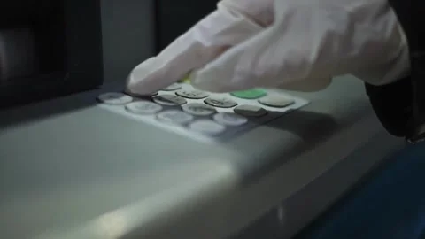 Atm machine close up man hand entering pin number. pushing buttons, enterin.. Stock Footage 272758156