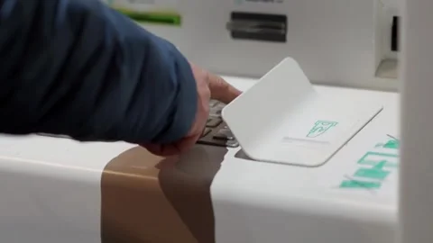 Atm machine close up man hand entering pin number. pushing buttons, enterin.. Stock Footage 272758484
