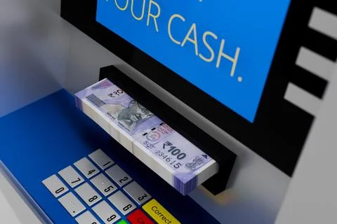 ATM Machine Closeup with Indian Rupee 100 Note Bundle - 3D Illustration Rende Stock Illustration