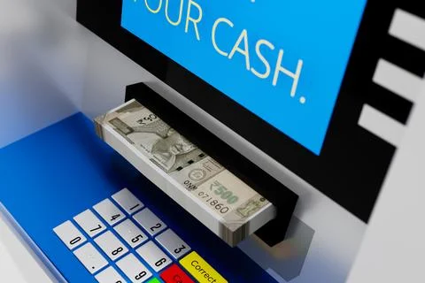 ATM Machine Closeup with Indian Rupee 500 Note Bundle - 3D Illustration Stock Illustration
