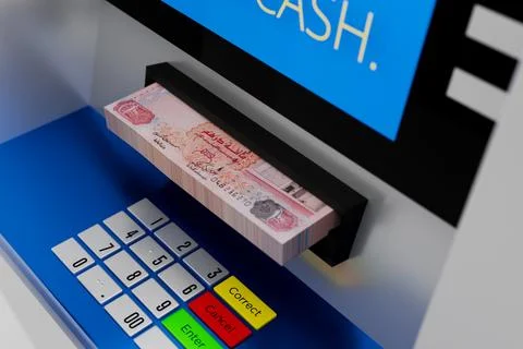 ATM Machine Closeup with UAE AED Dirham 100 Note Bundle - 3D Illustration R.. Stock Illustration