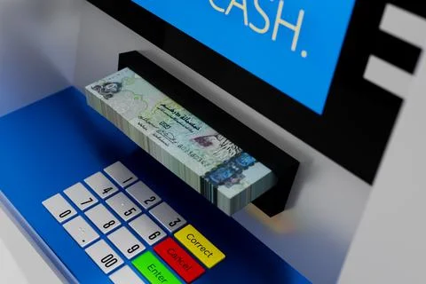 ATM Machine Closeup with UAE AED Dirham 500 Note Bundle - 3D Illustration R.. Stock Illustration