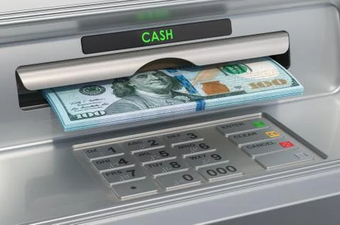 ATM machine with dollars. Withdrawing dollar banknotes, 3D rendering Illustrazione stock