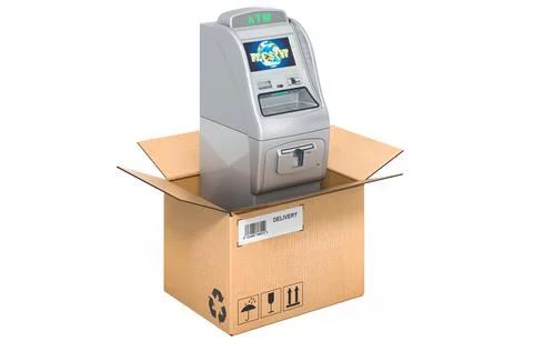 ATM machine inside cardboard box, delivery concept. 3D rendering Stock Illustration