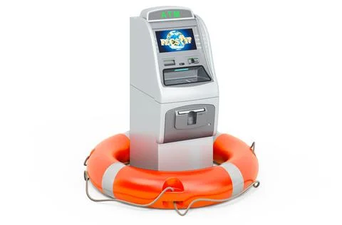 ATM machine with lifebelt, 3D rendering Stock Illustration