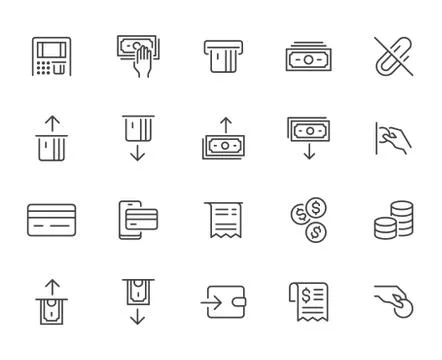 Atm machine line icon set. Withdraw money, deposit, hand taking cash, receipt Stock Illustration