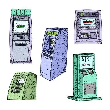 Atm machine set sketch hand drawn vector Stock Illustration