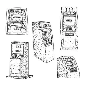 Atm machine set sketch hand drawn vector Stock Illustration