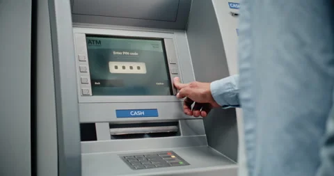 ATM Machine: Unrecognizable Man Entering PIN Code on Keypad, Taking US Dollars Stock Footage 309289389