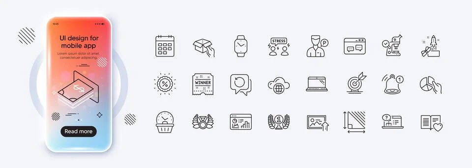 Atm money, Recovery data and Smartwatch line icons for web app. Pictogram icon Illustrazione stock