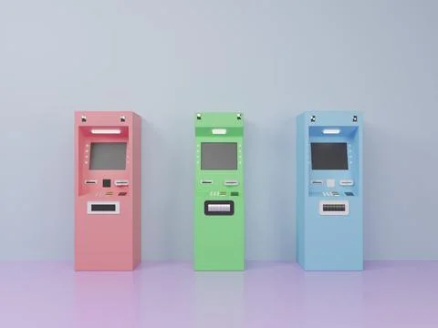 ATM or ADM machine located against the wall 3D render illustration Stock Illustration