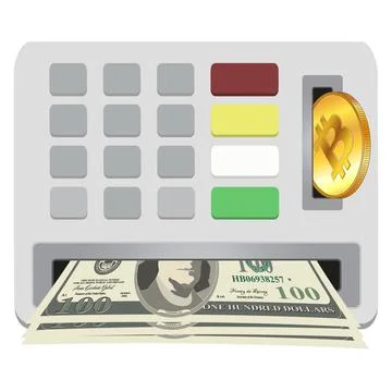 ATM panel with slots for depositing BTC Bitcoin and receiving cash in paper USD Illustrazione stock