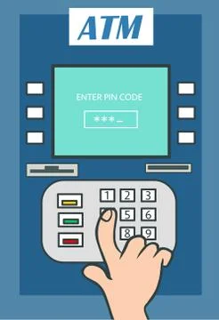 ATM payment. ATM machine with hand and credit card. ATM vector. Stock Illustration