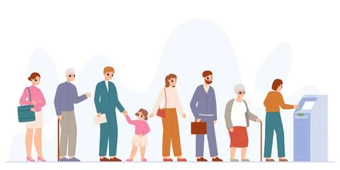 Atm people queue, person wait bank service. Waiting line to banking machine Stock Illustration