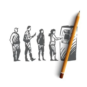 ATM, queue, people, money, machine concept. Hand drawn isolated vector. イラスト素材