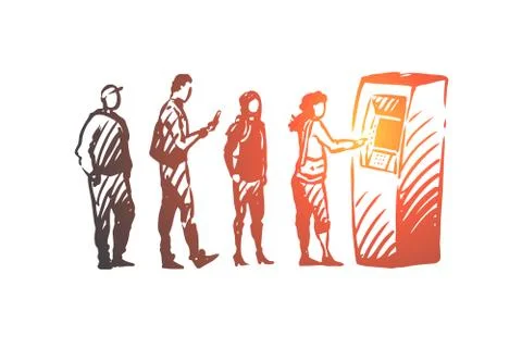 ATM, queue, people, money, machine concept. Hand drawn isolated vector. イラスト素材