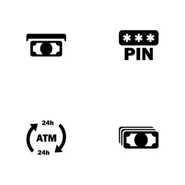 Atm - a set of black four solid icons isolated on a white background Stock Illustration