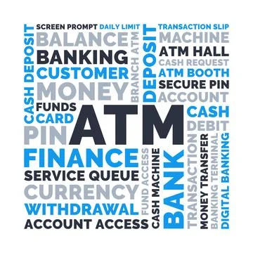 ATM Square Word Cloud, Banking Financial machine and service transaction term Illustration