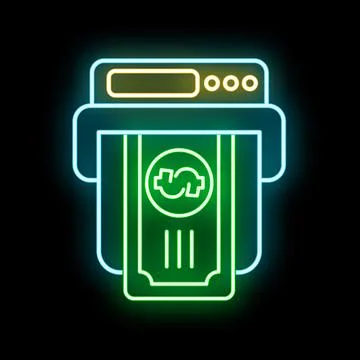 Atm terminal dispensing dollar banknote in neon glow Stock Illustration