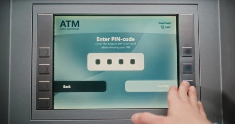 ATM User Entering PIN Code. Error Message on Cash Machine Screen Due to Failed Stock Footage 310118446