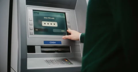 ATM User Entering PIN Code on ATM Keypad. Error Message on Cash Machine Screen Stock Footage 310133571