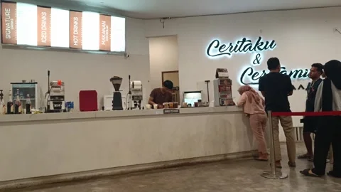 Atmosphere of cafe visitors ordering drinks Stock Footage 279327746