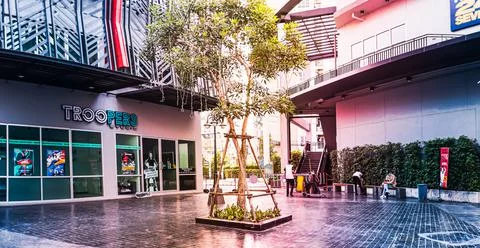 The atmosphere of the corridor between the building Stock Photos