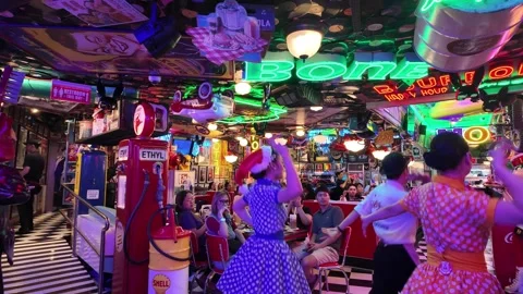 Atmosphere inside Filling Station Bar and Cafe 1950s-themed American diner Stock Footage 333467329