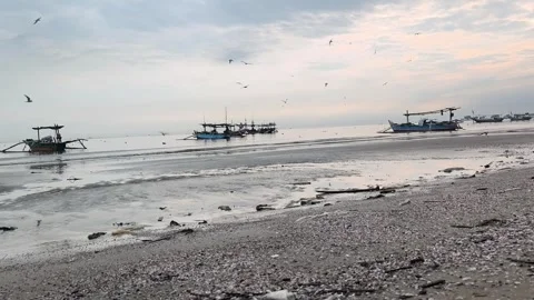 The atmosphere of Tuban beach, East Java, Indonesia in the morning with fishing  Stock Footage 323579383