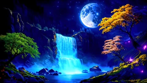 The atmosphere of a waterfall in the mountains when the moon shines Stock Footage 283925412