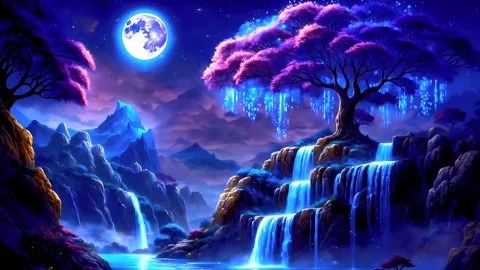 The atmosphere of a waterfall in the mountains when the moon shines Stock Footage 283925982