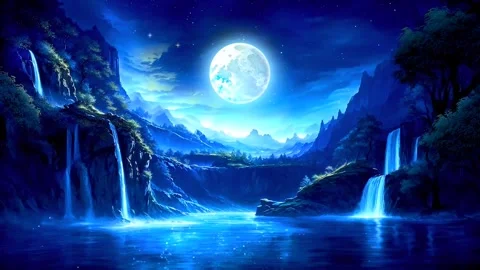 The atmosphere of a waterfall in the mountains when the moon shines Stock Footage 285336701