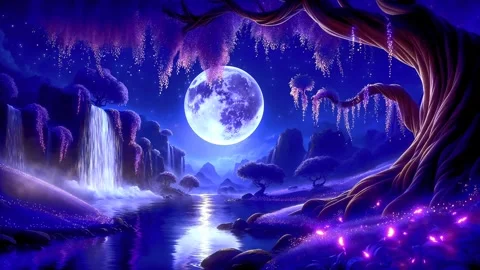 The atmosphere of a waterfall in the mountains when the moon shines Stock Footage 285337026