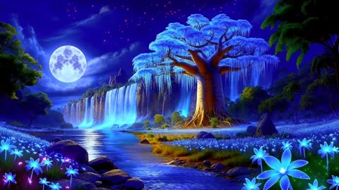 The atmosphere of a waterfall in the mountains when the moon shines Stock Footage 285337028