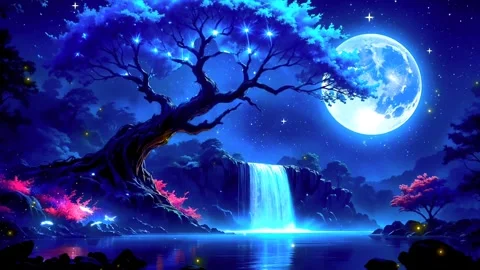The atmosphere of a waterfall in the mountains when the moon shines Stock Footage 285338112