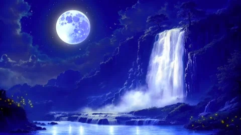 The atmosphere of a waterfall in the mountains when the moon shines Stock Footage 285338140