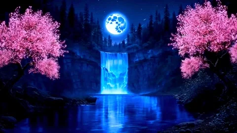 The atmosphere of a waterfall in the mountains when the moon shines Stock Footage 285338377