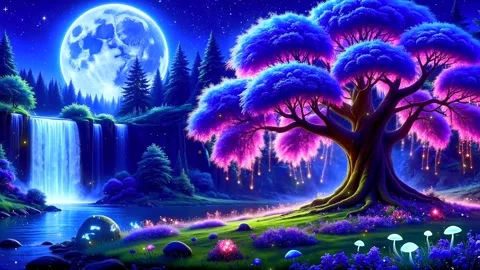 The atmosphere of a waterfall in the mountains when the moon shines Stock Footage 287043596