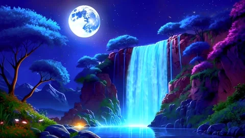 The atmosphere of a waterfall in the mountains when the moon shines Stock Footage 287043713