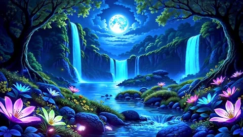 The atmosphere of a waterfall in the mountains when the moon shines Stock Footage 308981195