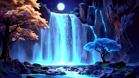 The atmosphere of the waterfall in spring when the moon shines Stock Footage 283925748