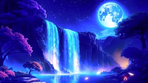 The atmosphere of a waterfall under the light of a full moon during spring Stock Footage 283925523