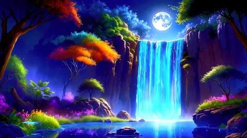 The atmosphere of a waterfall under the light of a full moon during spring Stock Footage 283925819