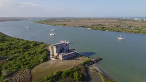 Atmospheric aerial view of the St. Augustine fort contrasted against the modern Stock Footage 332810551