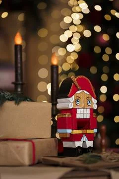 Atmospheric Christmas composition with gift boxes decorated with pine and red Stock Photos