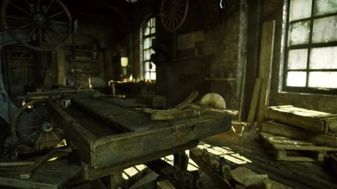 Atmospheric industrial scene with worn tools and stacked planks Stock Footage 340659908